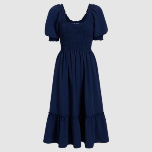 Hill House Louisa Nap Dress XS Navy Crepe Puff Sleeve Midi Wrinkle-Free - Picture 3 of 7